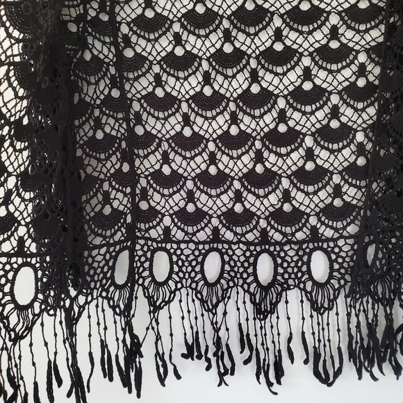 NWOT Sz XS Black Open Crochet Knit Open Style Cardigan Fringe 3/4 Sleeve BOHO - Picture 7 of 15